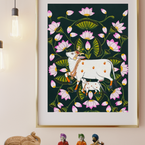 Hand-Painted Pichwai Cow & Lotus Artwork
